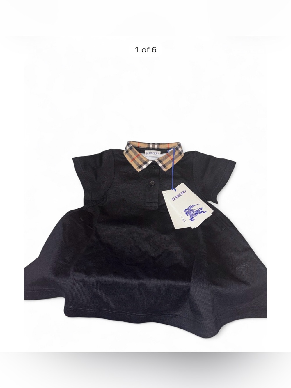 NWT -Burberry Black Polo Dress with Iconic Check Collar - Kids